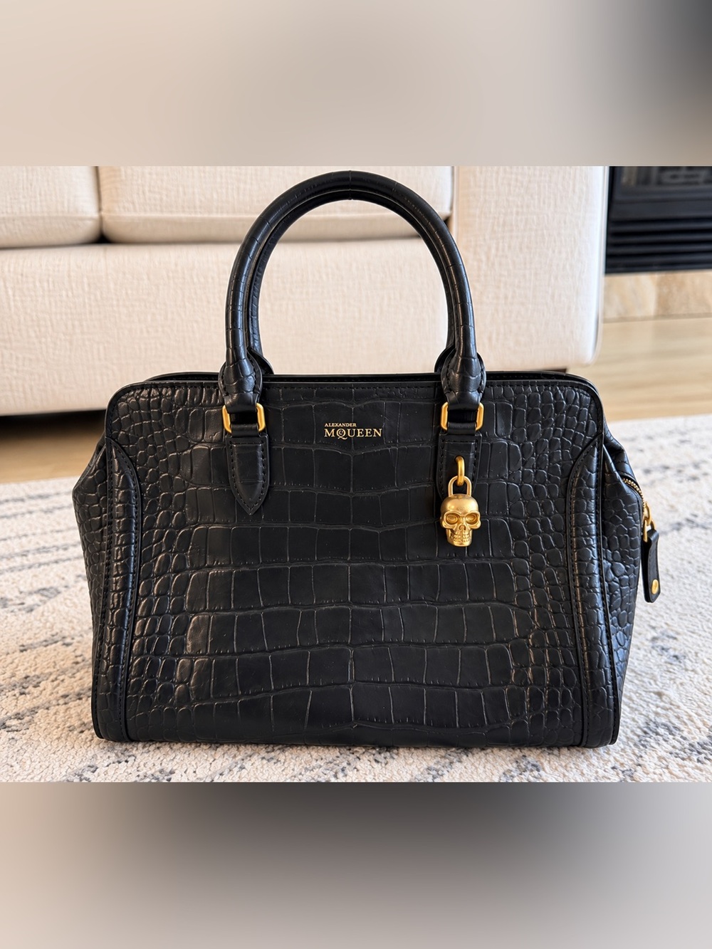 Alexander McQueen Black Croc Embossed Leather Skull Handbag